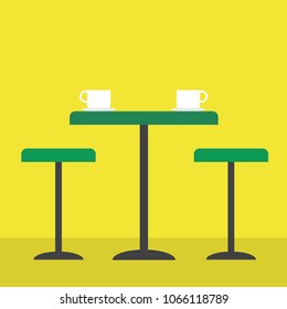 Bar table with chairs. White cups on the table. Flat design, vector.
