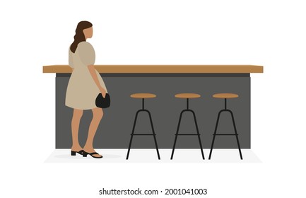 Bar table with chairs and a young female character in a beautiful dress and with a handbag in her hand on a white background