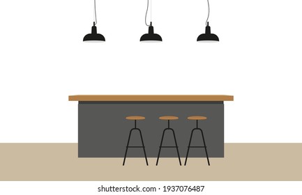 Bar table, bar stools and lamps on a white background