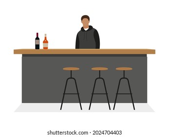 Tisch mit zwei Flaschen Alkohol und Bartender auf weißem Hintergrund