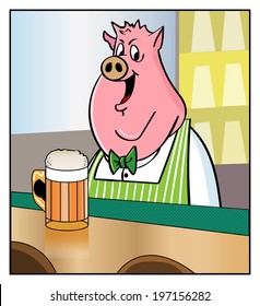 Bar tending Pig A pig behind a bar, serves a beer