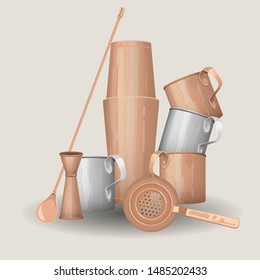 Bar tools. Boston shaker, strainer, jigger, bar spoon and tin cups. Vector hand drawn illustration of bartending equipment.