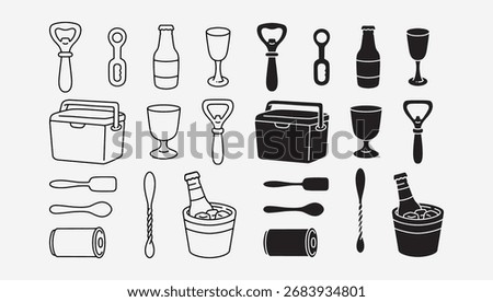 Bar tools and drinkware icons with beer bottles, cans, utensils, ice tubs, cans, ice buckets, spoons, glasses, glasses, coolers, openers. Beverage accessory, Party drink, Bar supply elements pack.