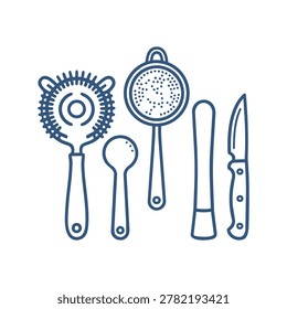 Bar Tools Set Icon Illustration Containing cocktail strainer, spoon, and bartender accessories