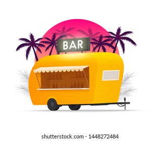 Bar Trailer Outdoor. Beach Truck. Beach Bar. Yellow Truck. Vector Illustration