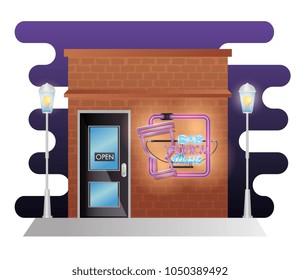 bar tropical music building facade with neon label