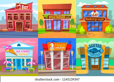 Bar vegetarian cafe restaurants set. Ice cream parlor, seafood dining place, bakery shop with cake decoration. Fried chicken roasted meat store vector