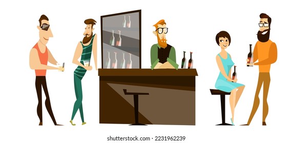 Bar visitors at counter desk vector illustration. Man and woman couple, male friends drink alcohol while bartender serving clients shaking cocktails. People rest after work, having date and fun