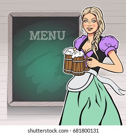 Bar waitress with beer mugs in hands and chalkboard on wooden wall.. Vector background.