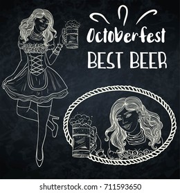 Bar waitress with beer mugs in hands and chalkboard. Handcrafted line art. Vector background.