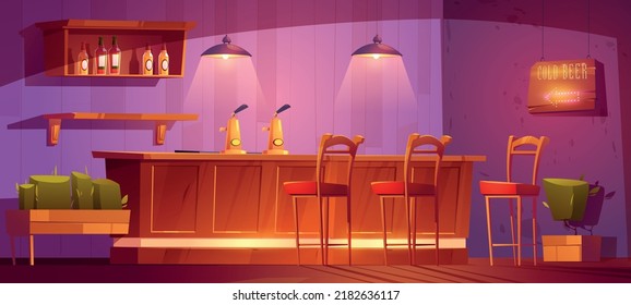 Bar with wooden counter, beer pumps and bottles in cafe or restaurant. Pub interior with desk, stools and alcohol drinks on shelf, vector cartoon illustration