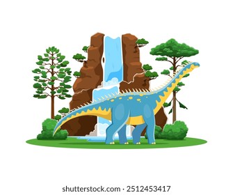 Dinosaurio de dibujos animados prehistóricos Barapasaurus. Vector colorido dino de pie en un exuberante paisaje prehistórico con cascada pintoresca, acantilado escarpado y vegetación vibrante. Escena pacífica de la historia antigua