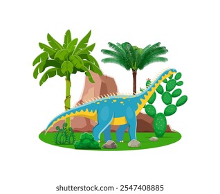 Personaje de dinosaurio prehistórico de Barapasaurus. Vector de dibujos animados dino colorido de pie en un exuberante paisaje escénico con rocas escarpadas, helechos y palmeras vibrantes. Escena pacífica de la historia antigua