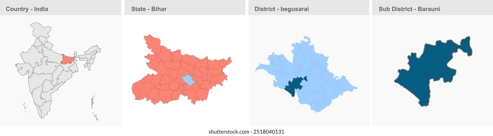 Mapa de Barauni (Distrito begusarai, Estado Bihar, República da Índia), Distrito de Begusarai, Estado de Bihar, República da Índia, Governo de Bihar, território indiano, Índia Oriental, política, aldeia, turismo