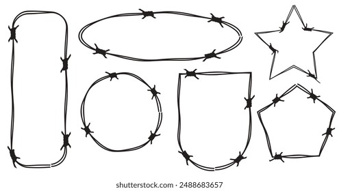 Barb frame. Barbed wire. Black silhouette of a prison fence. Steel line with sharp spikes. A set of barbed wire shapes, wavy and circle, rectangle and straight. Vector illustration flat design.