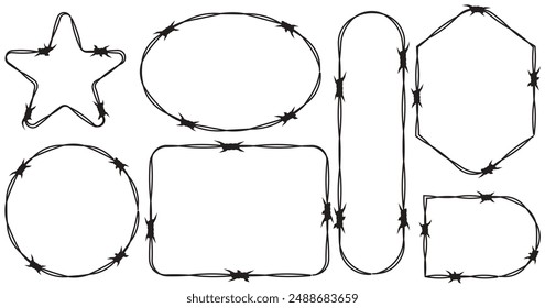 Barb frame. Barbed wire. Black silhouette of a prison fence. Steel line with sharp spikes. A set of barbed wire shapes, wavy and circle, rectangle and straight. Vector illustration flat design.