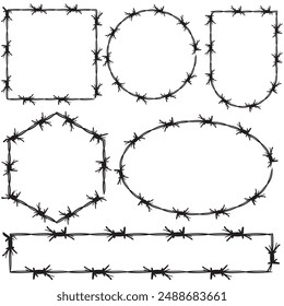 Barb frame. Barbed wire. Black silhouette of a prison fence. Steel line with sharp spikes. A set of barbed wire shapes, wavy and circle, rectangle and straight. Vector illustration flat design.