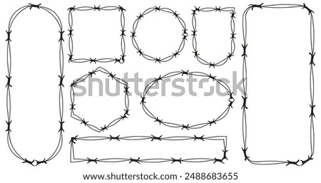 Barb frame. Barbed wire. Black silhouette of a prison fence. Steel line with sharp spikes. A set of barbed wire shapes, wavy and circle, rectangle and straight. Vector illustration flat design.