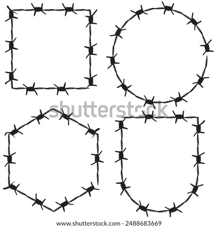 Barb frame. Barbed wire. Black silhouette of a prison fence. Steel line with sharp spikes. A set of barbed wire shapes, wavy and circle, rectangle and straight. Vector illustration flat design.