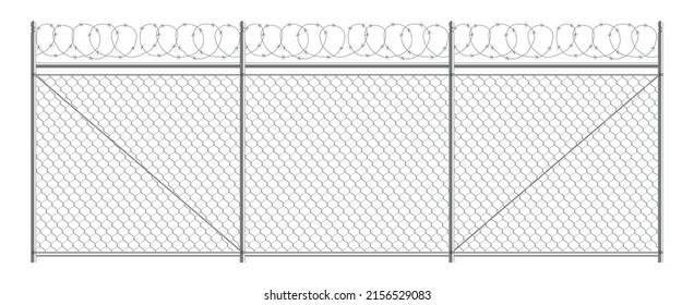 Barb metallic fence with boundary protection symbols realistic vector illustration