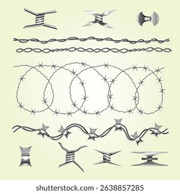 Barb metallic seamless set with fence warning symbols realistic isolated vector illustration