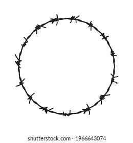 Barb wire circle vector fence frame. Barbed round wire ring prison logo