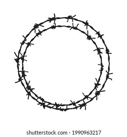 Barb wire circle vector fence frame. Barbed round wire ring prison logo