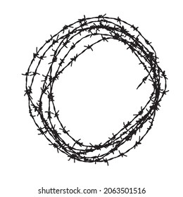 Barb wire circle vector fence frame. Barbed round wire ring prison logo