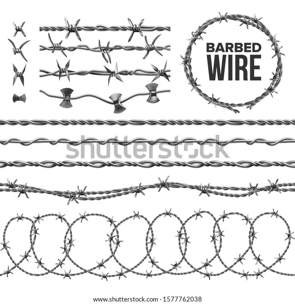 Barb Wire Collection With Razor Detail Set\
Vector. Modern Metallic Fencing Wire Chainlink With Sharp Elements\
For Area Protection. Industrial Barbwire Seamless Pattern Realistic\
3d Illustrations