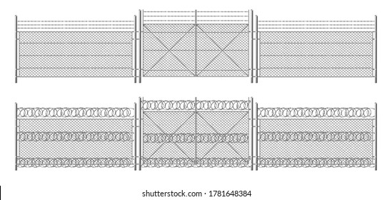 Alambre de púas, rejilla con puerta. Tres segmentos de esgrima de color plata, barrera de protección perimetral separada por postes de acero metálico, rabitz aislado en fondo blanco. Vector 3d realista