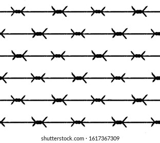 Barb Wire Seamless Repeatable Texture Pattern,  Isolated Black Silhouette On White Background, Vector. Several Rows Of Sharp Rusty Barbed Wire. Brush Template. Prison Barrier, Secured Property.