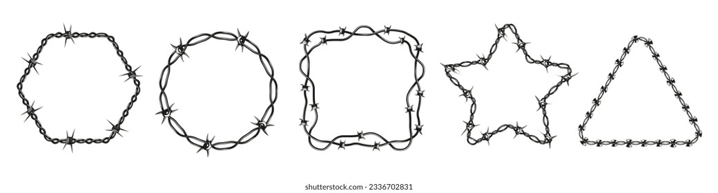 Drahtseile aus Barb. Black Stacheldraht Silhouetten, militärische Grenzschutzschilder, Schulsicherheitszaun und Gefängnisgrenze. Kollektion von Vektorgrafiken einzeln. Kreise, Quadrate und Sternformen mit Spitzen