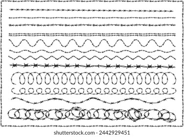 Formas de alambre de púas, borde y diseño de textura de patrón gráfico vectorial. Conjunto de vectores de colección de formas geométricas básicas. Diseño de vectores de pincel y trazo.