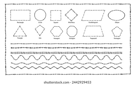 Barb wire shapes, border and pattern texture design vector graphic. Basic geometric shapes collection vector set. Brush and stroke vector design.