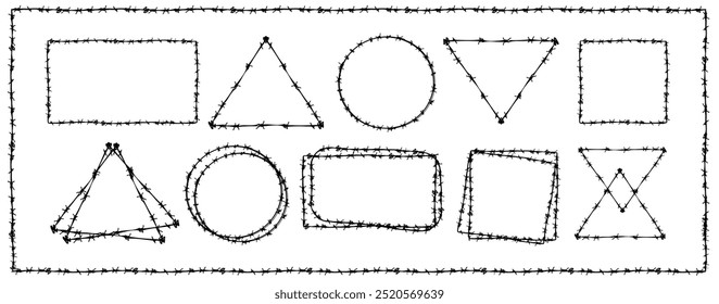 Formas de arame farpado, borda e padrão textura design gráfico vetorial. Conjunto de vetores de coleção de formas geométricas básicas. Design de vetor de pincel e traçado.