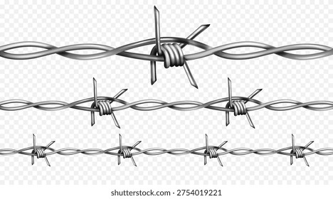 Barb wire vector illustration - twisted metal fence with sharp spikes. Isolated barbwire border design for military, prison or security themes. Realistic razor pattern with iron barrier elements.