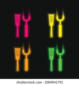 Barbacue Utensils four color glowing neon vector icon