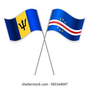 Barbadian and Cabo Verdean crossed flags. Barbados combined with Cape Verde isolated on white. Language learning, international business or travel concept.