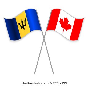 Barbadian and Canadian crossed flags. Barbados combined with Canada isolated on white. Language learning, international business or travel concept.