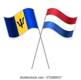 Barbadian and Dutch crossed flags. Barbados combined with Netherlands isolated on white. Language learning, international business or travel concept.