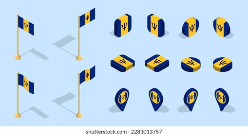 Barbadian flag (Barbados). 3D isometric flag set icon. Editable vector for banner, poster, presentation, infographic, website, apps, maps, and other uses.