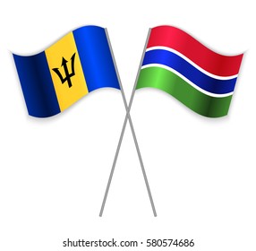 Barbadian and Gambian crossed flags. Barbados combined with Gambia isolated on white. Language learning, international business or travel concept.