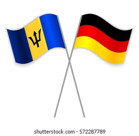 Barbadian and German crossed flags. Barbados combined with Germany isolated on white. Language learning, international business or travel concept.