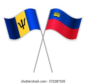 Barbadian and Liechtenstein crossed flags. Barbados combined with Liechtenstein isolated on white. Language learning, international business or travel concept.