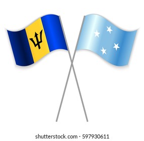 Barbadian and Micronesian crossed flags. Barbados combined with Micronesia isolated on white. Language learning, international business or travel concept.