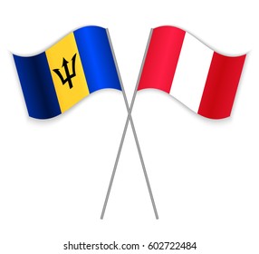 Barbadian and Peruvian crossed flags. Barbados combined with Peru isolated on white. Language learning, international business or travel concept.