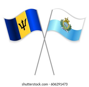 Barbadian and Sammarinese crossed flags. Barbados combined with San Marino isolated on white. Language learning, international business or travel concept.