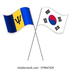 Barbadian and South Korean crossed flags. Barbados combined with South Korea isolated on white. Language learning, international business or travel concept.