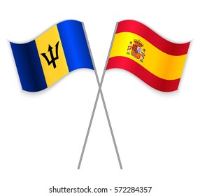 Barbadian and Spanish crossed flags. Barbados combined with Spain isolated on white. Language learning, international business or travel concept.