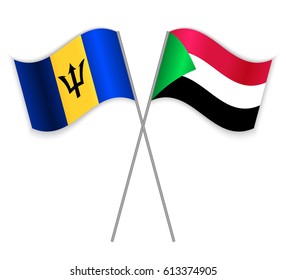 Barbadian and Sudanese crossed flags. Barbados combined with Sudan isolated on white. Language learning, international business or travel concept.
